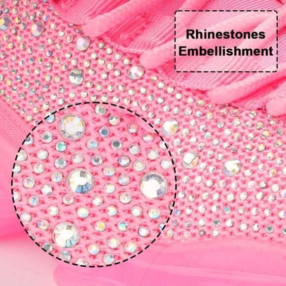 Women Pink Rhinestone Mesh Slip On Walking Breathable Sparkle Glitter Sneaker - Picture 2 of 8